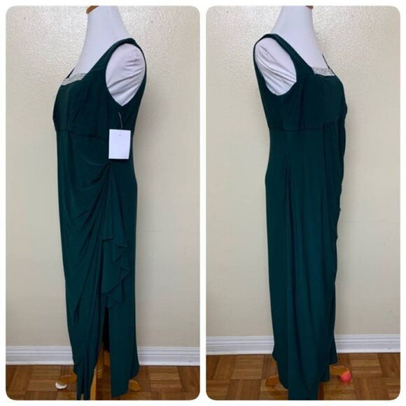 R & M Richards Rhinestone Neckline Trim Drapes Ruffled Gown Size 8 Dark Green - Picture 4 of 11